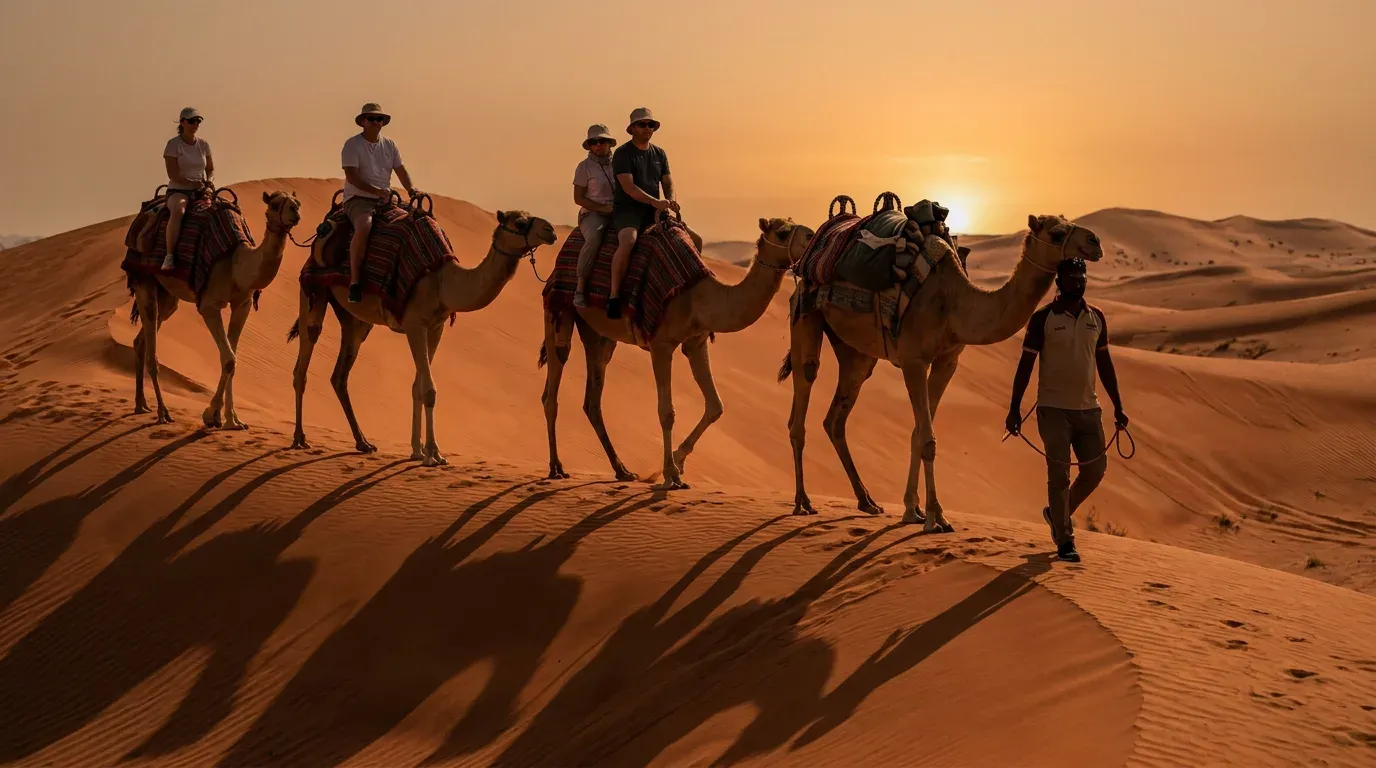 Small caravan of camels with riders crossing orange dunes at sunset