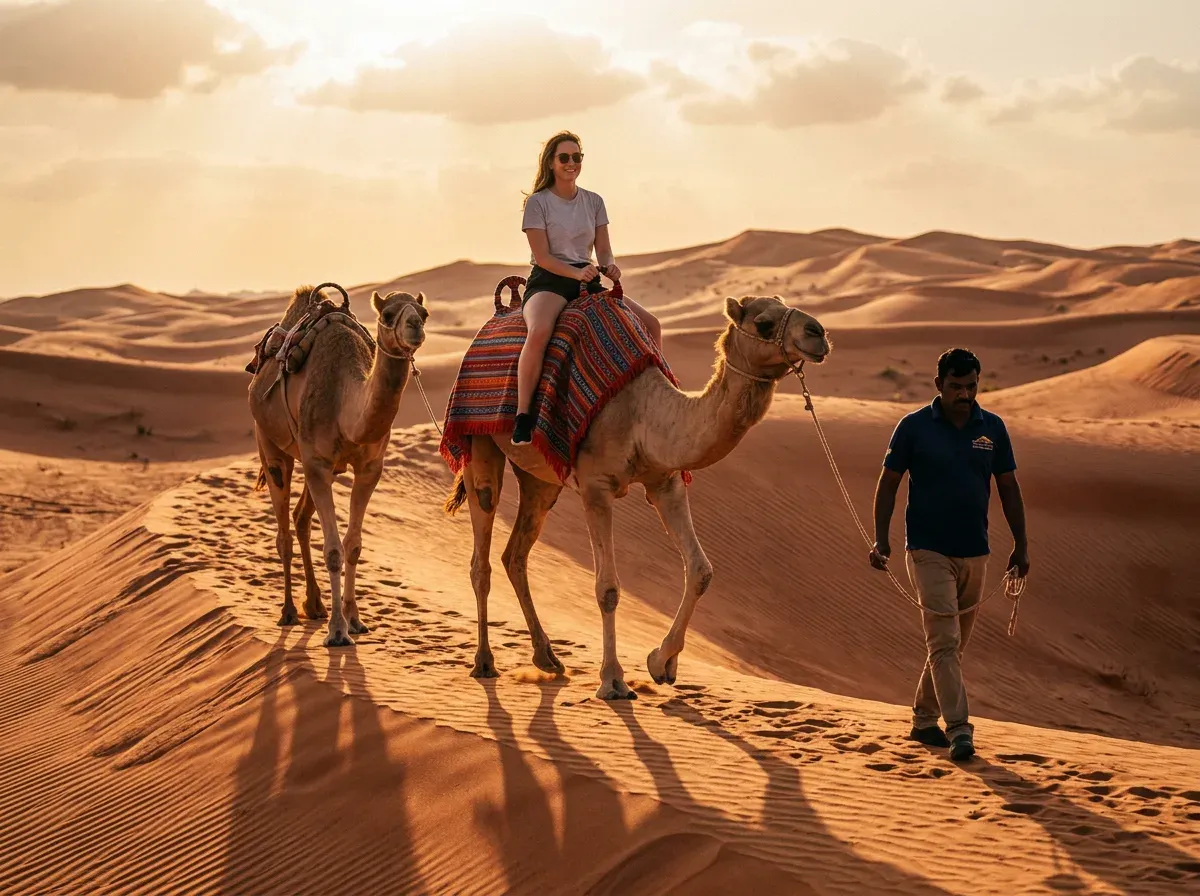 Guest riding a camel along a dune ridge at golden hour with a handler walking alongside