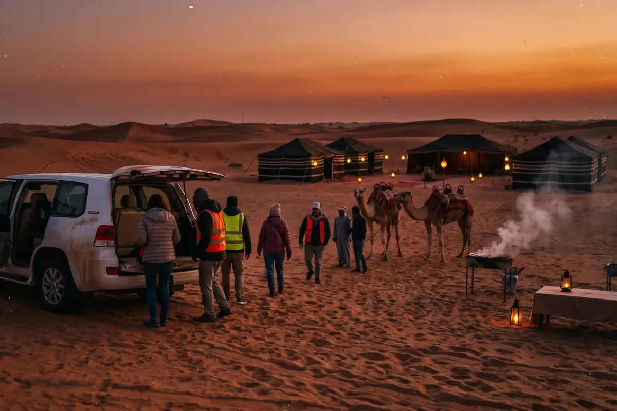 Guests arriving at a desert camp at dusk beside a Land Cruiser with camels and lanterns in the distance