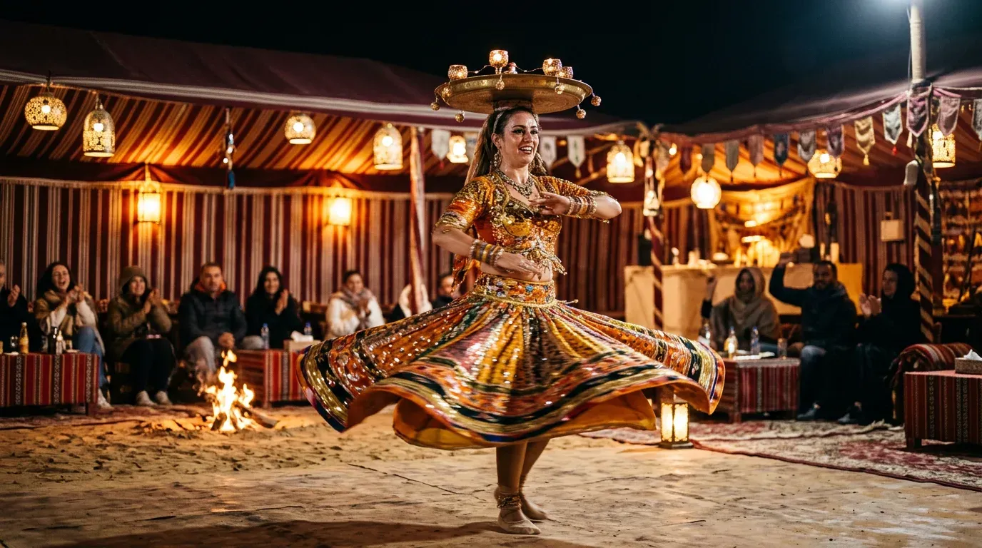 Tanoura dancer spinning a colourful skirt at a lantern-lit desert camp with guests watching